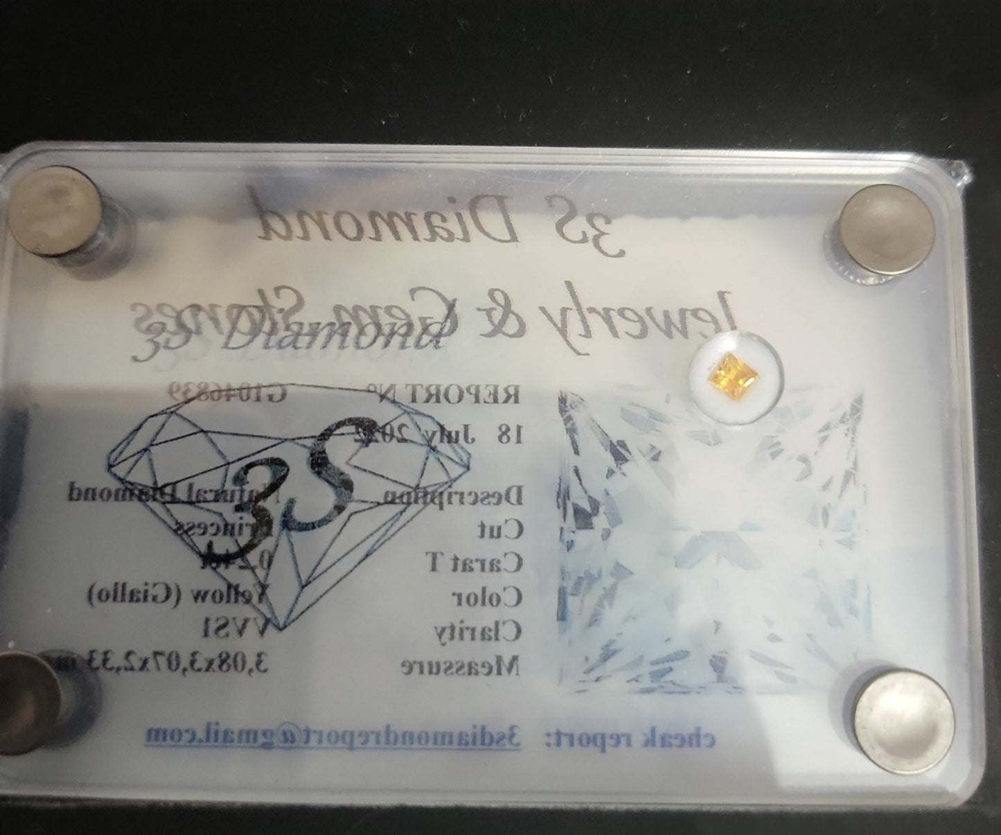 raro diamante naturale taglio princess fancy giallo arancione 0,24ct