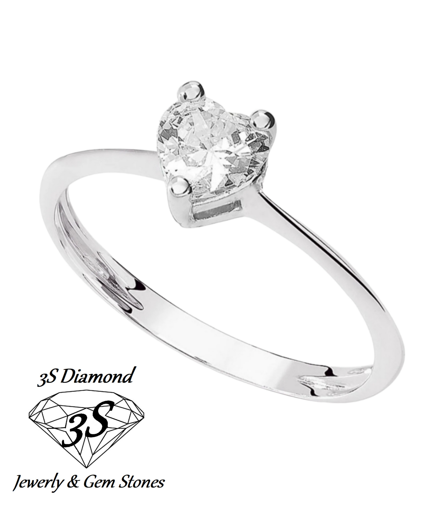 anello solitario in oro bianco 18k e diamante naturale taglio cuore centrale 0,30 ct