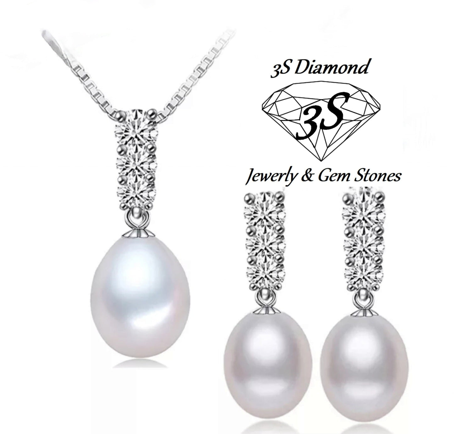 set completo trilogy collana e orecchini con perla naturale bianca diamante naturali 0,90ct Color E VVS1