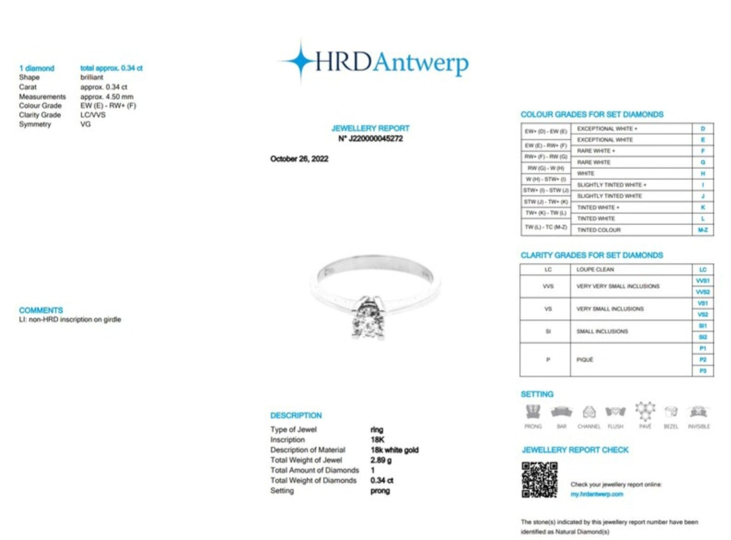 anello solitario certificato HRD in oro bianco 18k e diamante naturali centrale 0,34ct