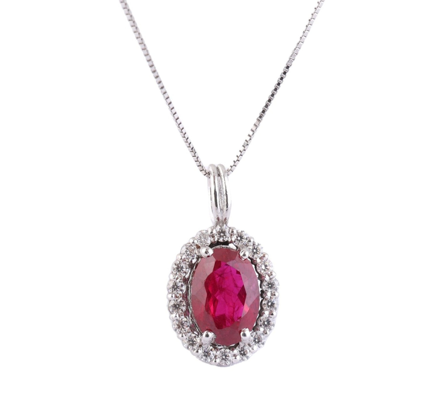 Collana in oro bianco 18k diamanti naturali e rubino naturale 2.12ct