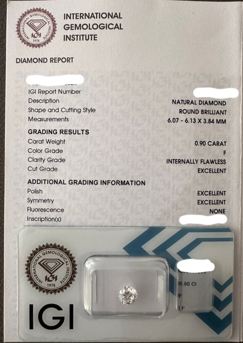 Diamante naturale certificato IGI 0.90ct F IF