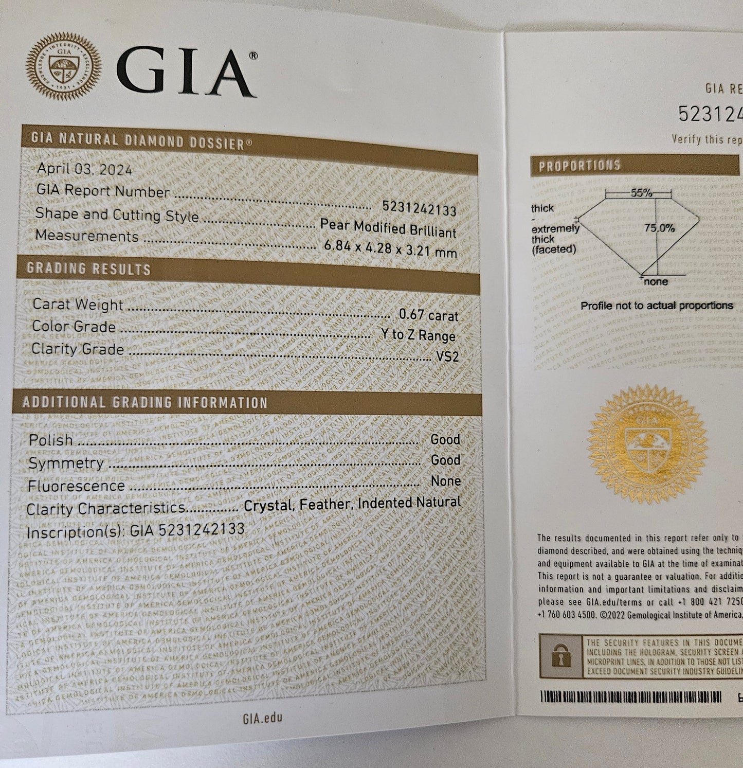 Diamante naturale pera certificato GIA 0.67ct