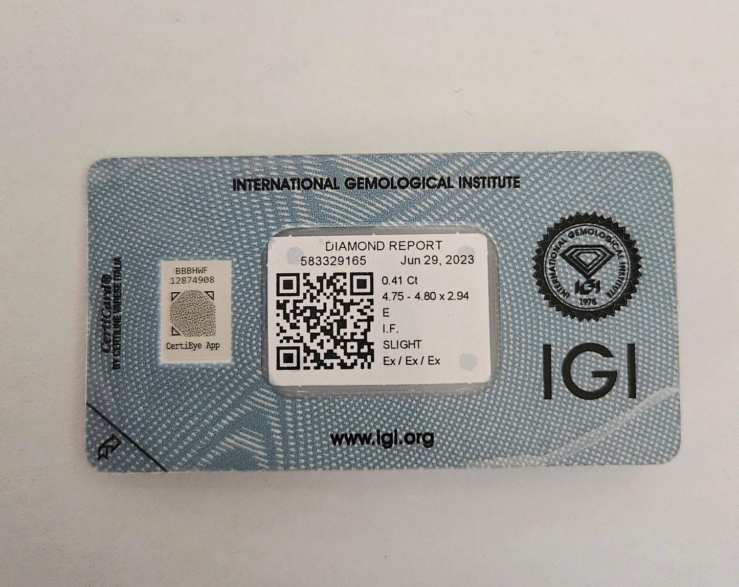 diamanti naturali certificato IGI 0.41ct E IF