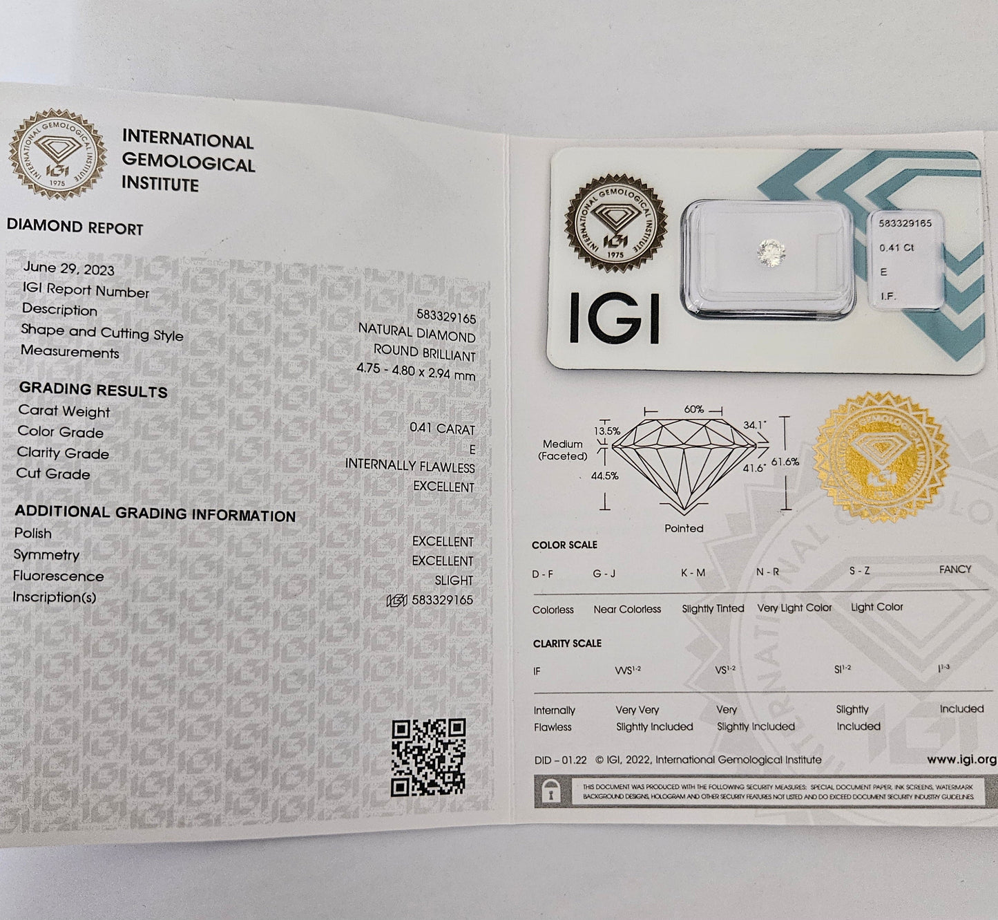 diamanti naturali certificato IGI 0.41ct E IF