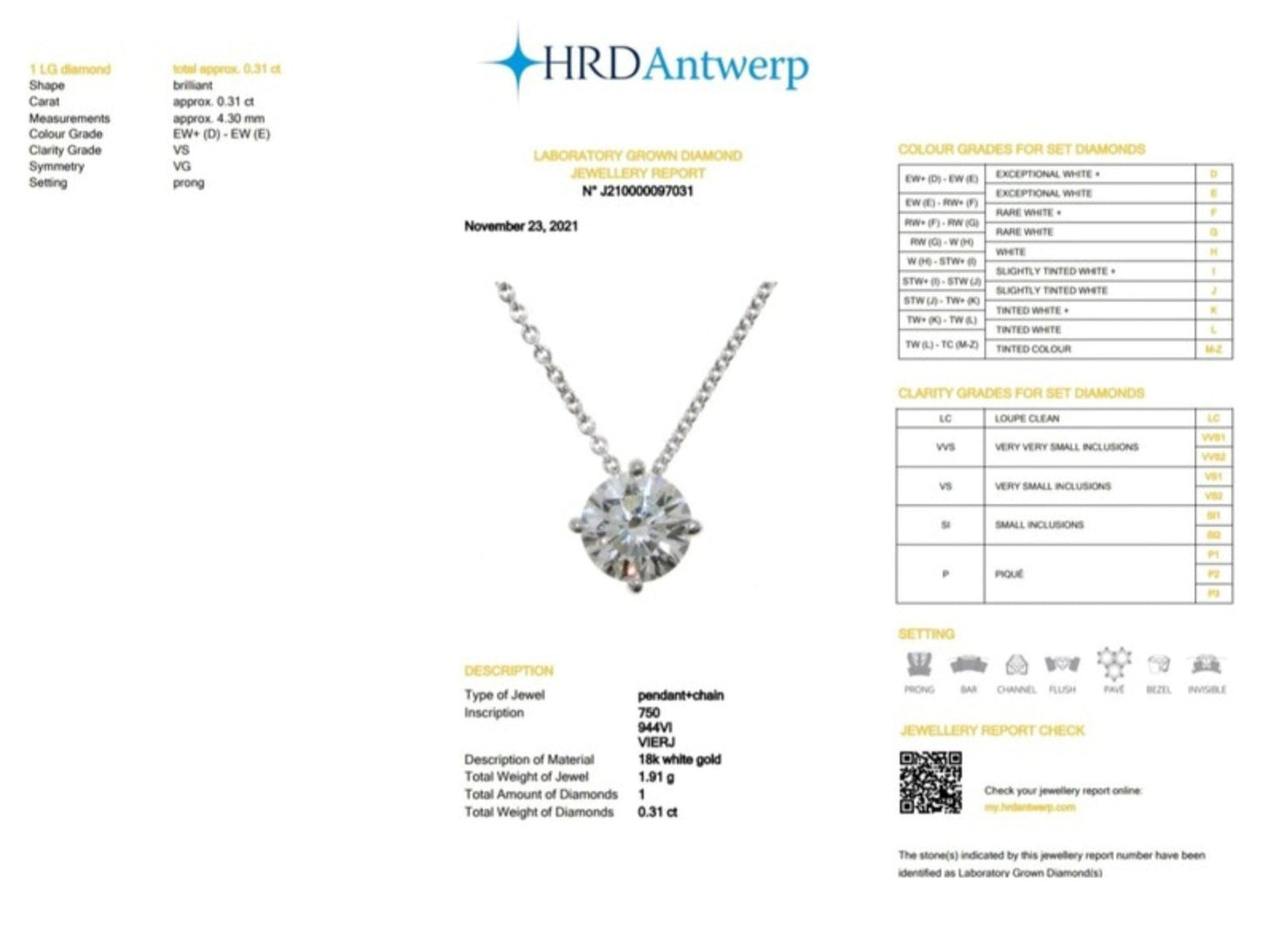 ciondolo punto luce certificato HRD in oro bianco diamante naturale  0,31 ct