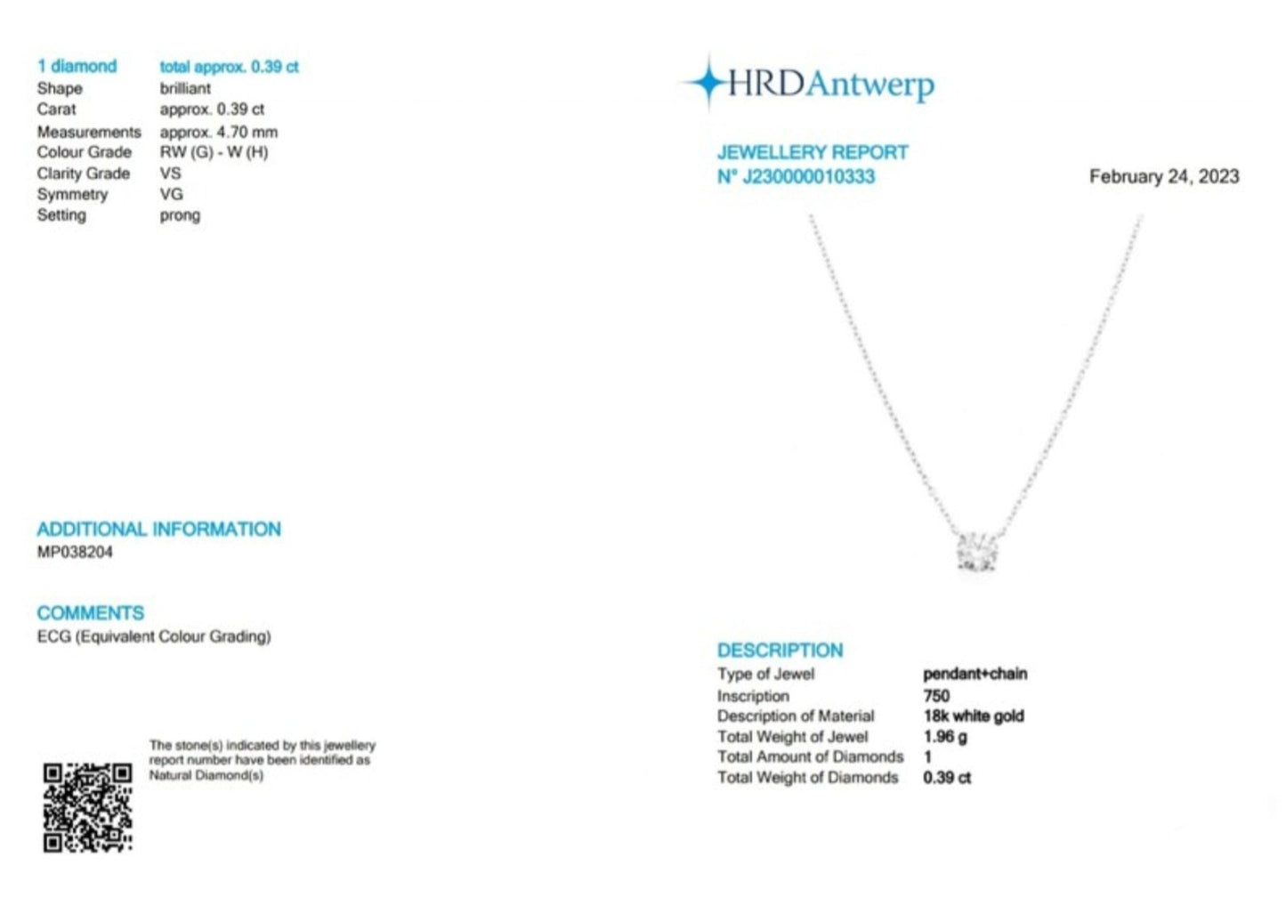 ciondolo punto luce certificato HRD in oro bianco e diamante naturale  0,39ct
