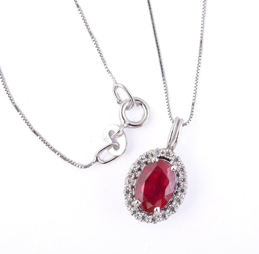 Collana in oro bianco 18k diamanti naturali e rubino naturale 2.12ct